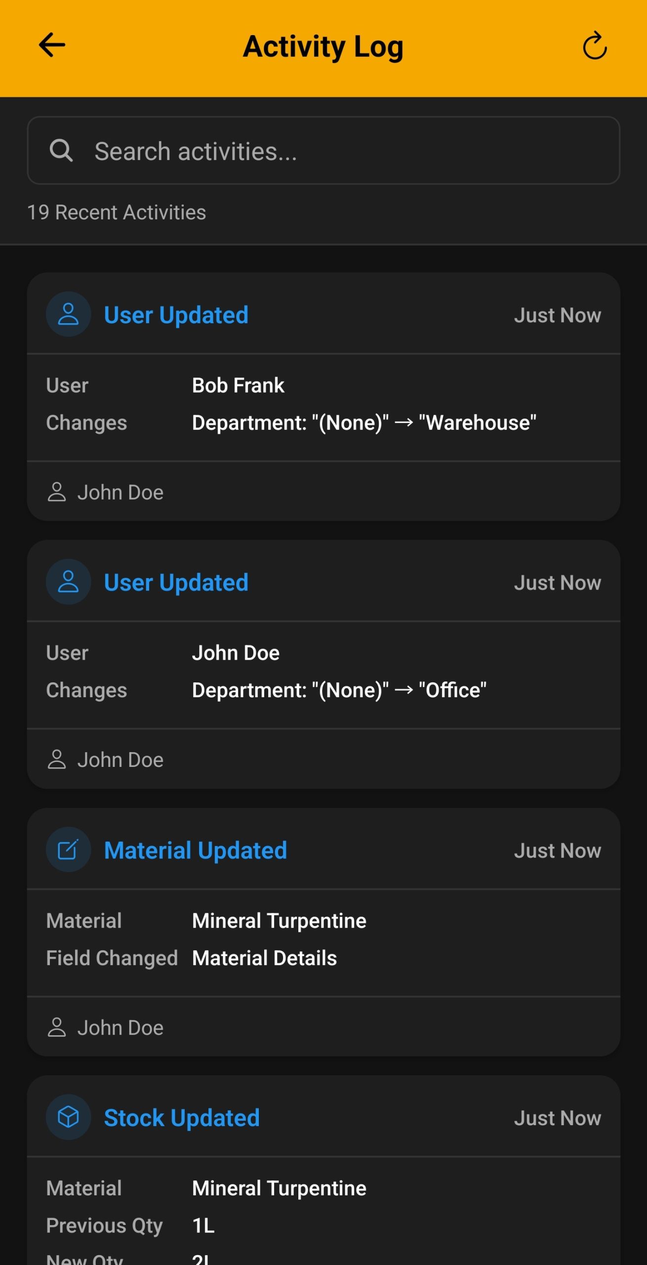 Activity Log Screenshot