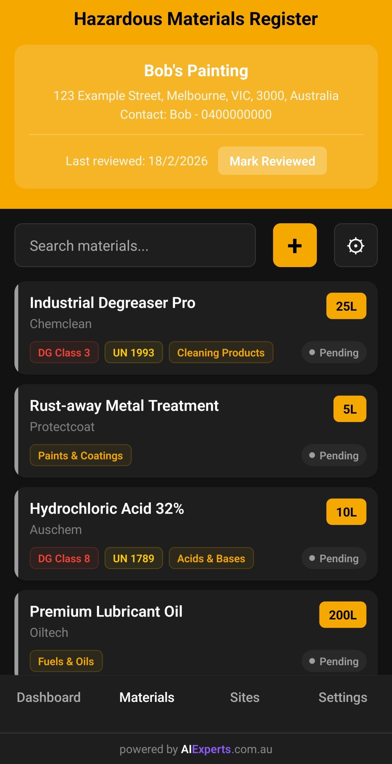 MyHazMate Materials Register App Screenshot